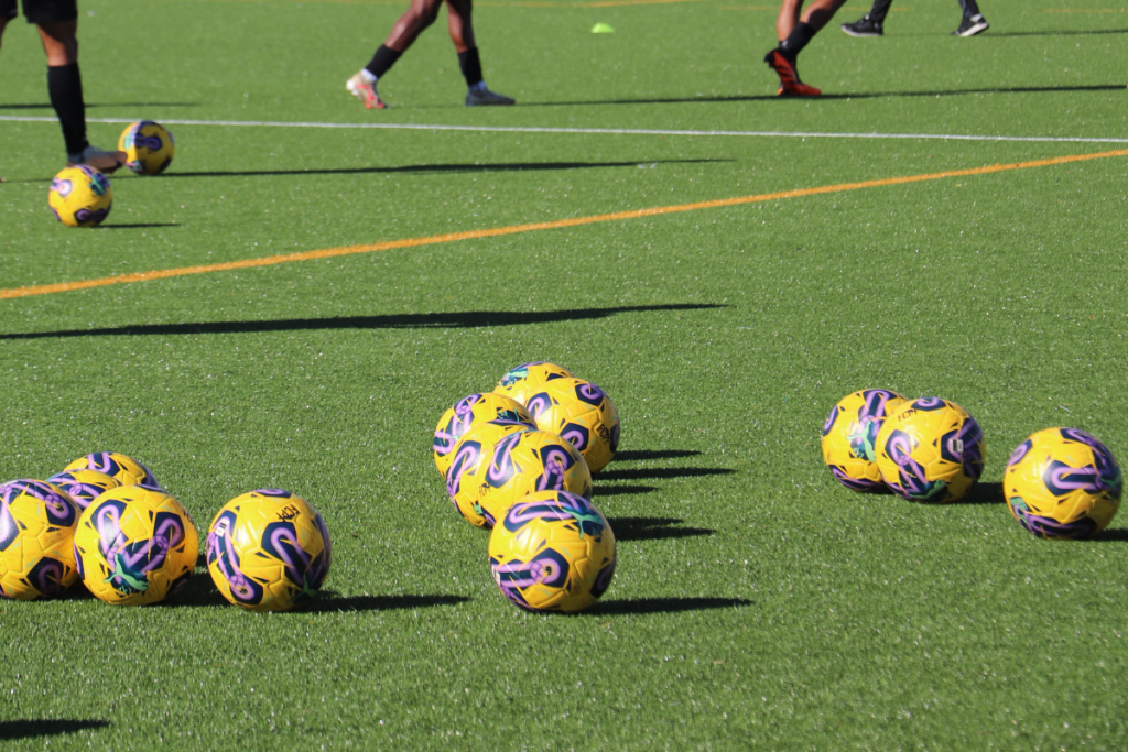 Várias bolas oficiais das competições da Liga Portugal no relvado.