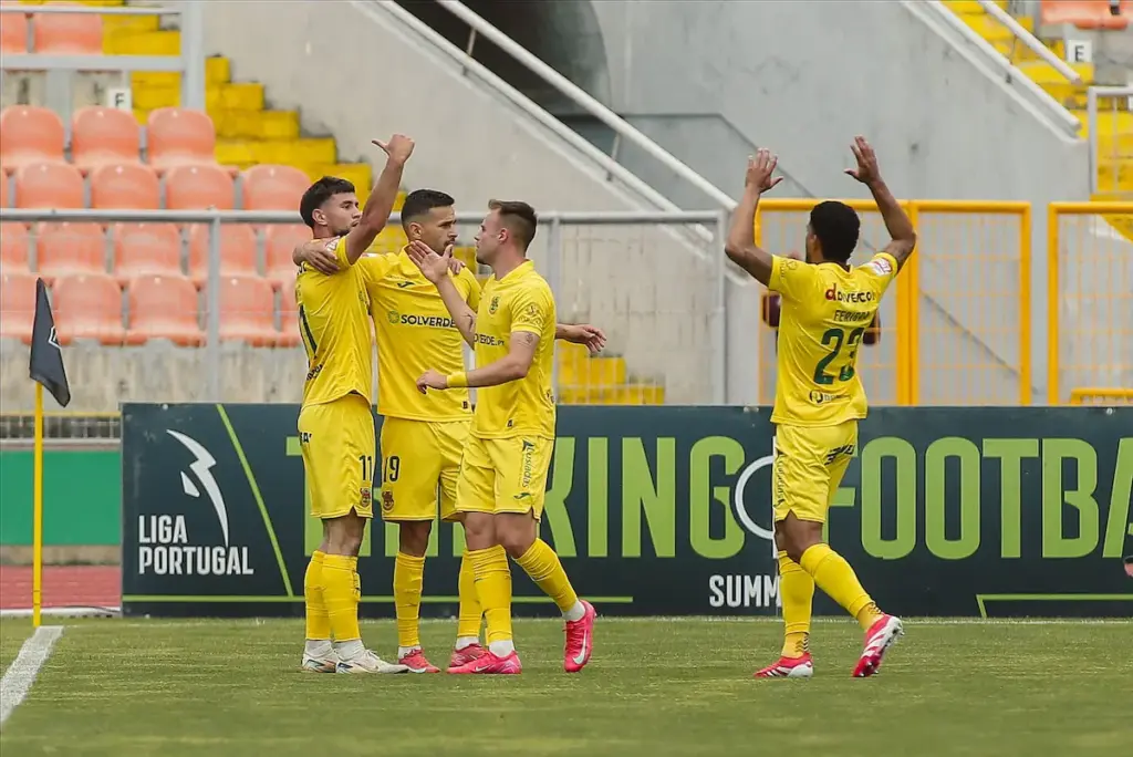 A equipa do FC Paços de Ferreira comemora o golo de Pavlic frente ao Académico de Viseu FC, na 34ª jornada da Liga Portugal Meu Super.